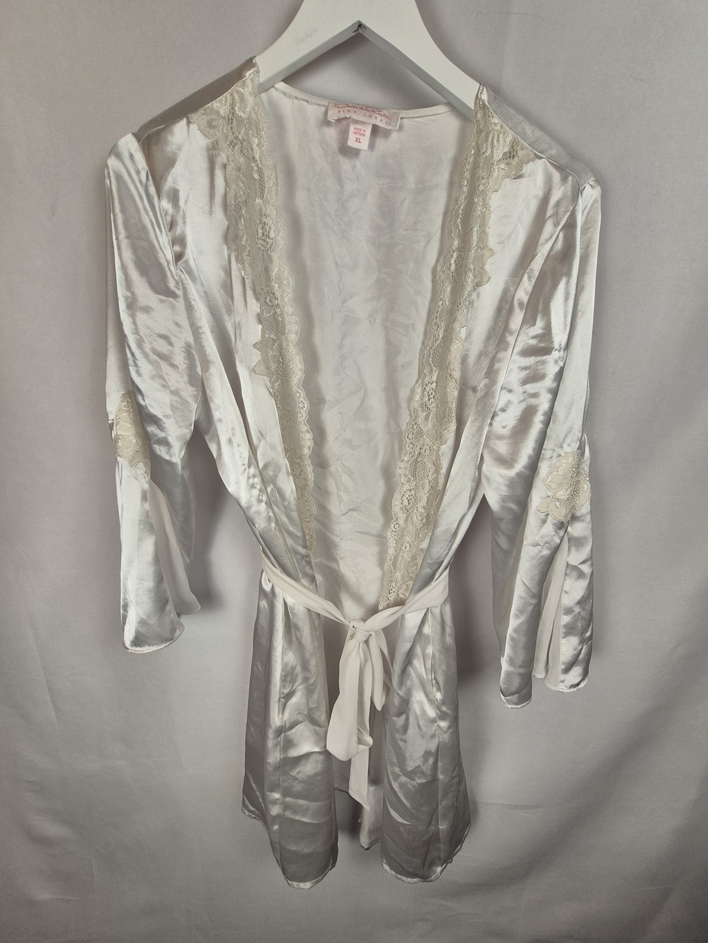 Vintage Oscar de la Renta Pink Label Ivory Satin Lace Trim Robe - Size XL